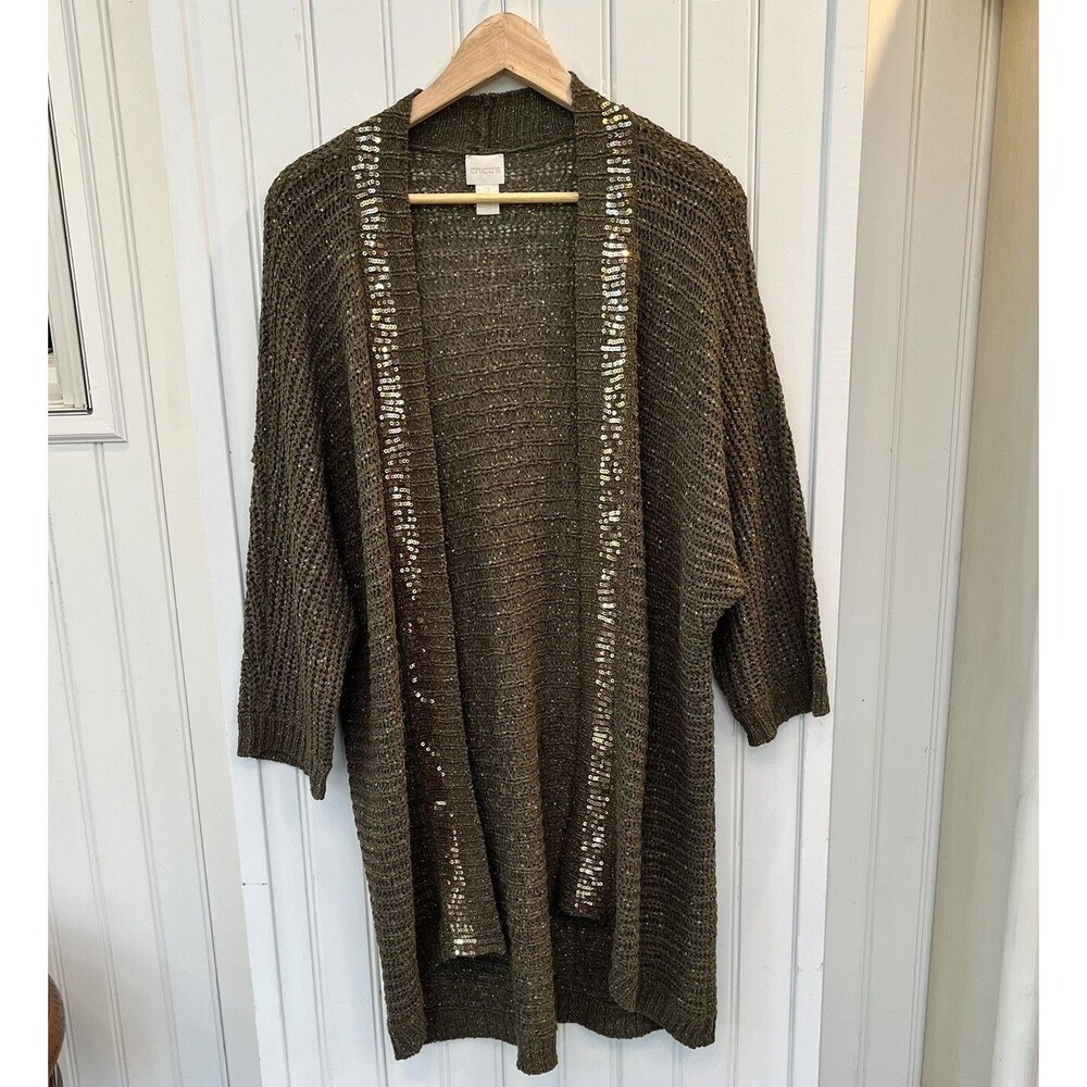 Chico’s Sz 2 Long Cardigan Sweater Gold Sequin Party Metallic